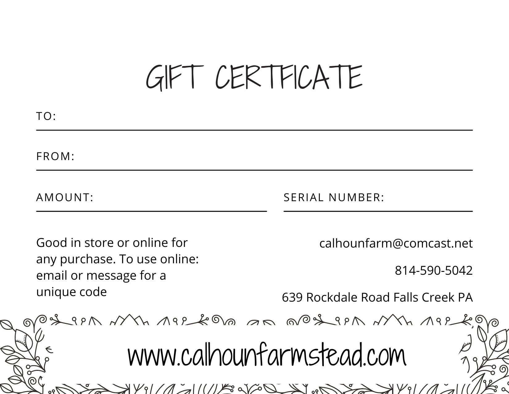 Gift Card Gift Certificate Paper Certificate Mailed Calhoun Farm Gift Card Gift Certificate Paper Certificate Mailed Calhoun Farm