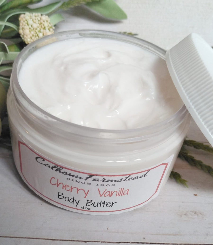 Cherry vanilla scented body butter in 4oz jar. Thick and creamy made with natural ingredients by Calhoun Farm. Perfect for gift giving. Gifts for mom, gifts for her.
