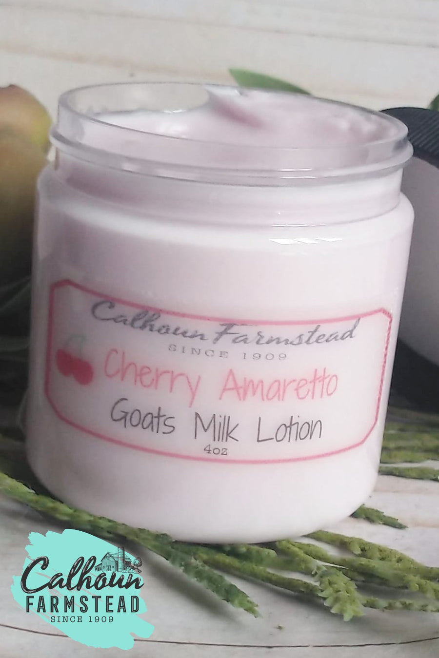 Cherry amaretto scented goats milk lotion. Made of natural ingredients by Calhoun Farm and Market.