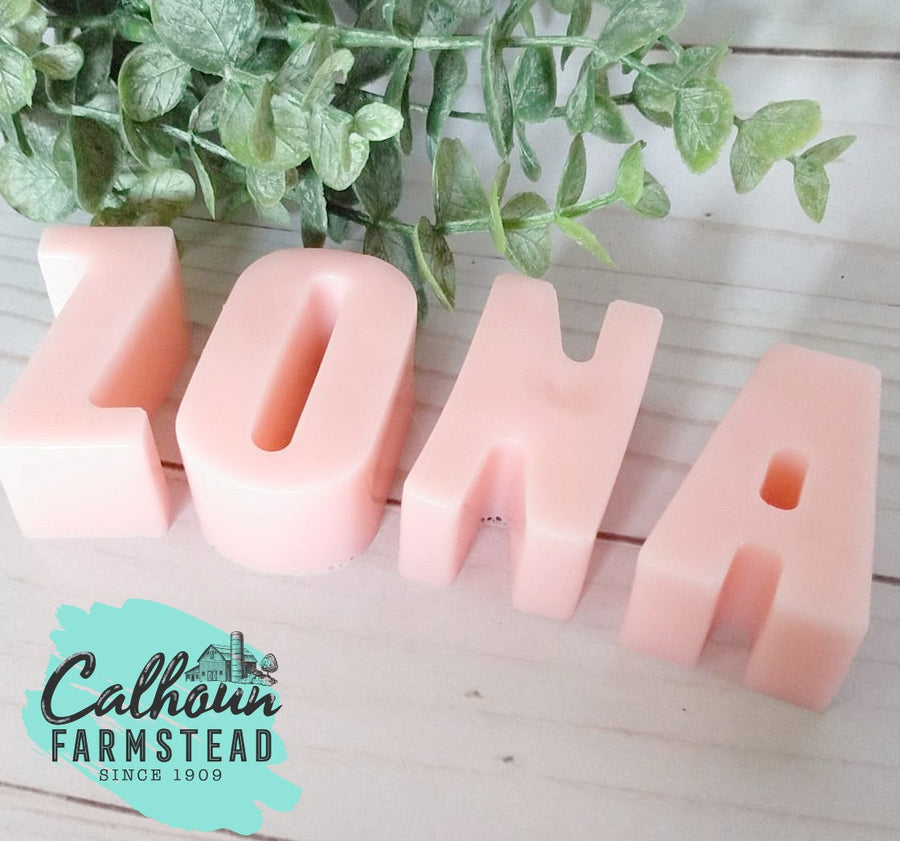 Alphabet letters for personalization. Spell out a message, name, initials or monogram. School treats, baby showers or bridal shower favors. Made by Calhoun Farm with goats milk soap and scented with floral scents.