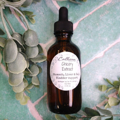 Bottle of Chicory Extract with a dropper on a green leafy background. Herbal apothecary.