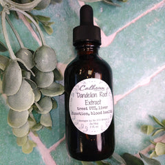 Bottle of Cathann Dandelion Root Extract with a dropper on a green leafy background