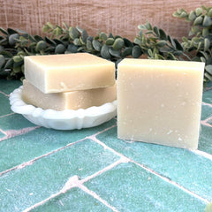Two bars of soap on a green tiled surface with greenery in the background