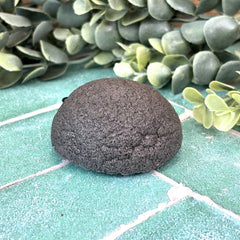Black textured Konjac face sponge object on a green tiled floor with green leaves in the background. Natural face care. Calhoun Farm.