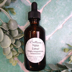 Bottle of Calhoun Mullein Extract with a dropper on a green leafy background