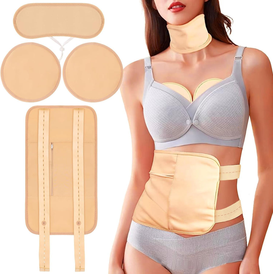 Image shows woman wearing various castor oil pack pieces. Showing each pack includes a neck wrap, breast pads, and a larger wrap that can be worn around the waist or thigh.