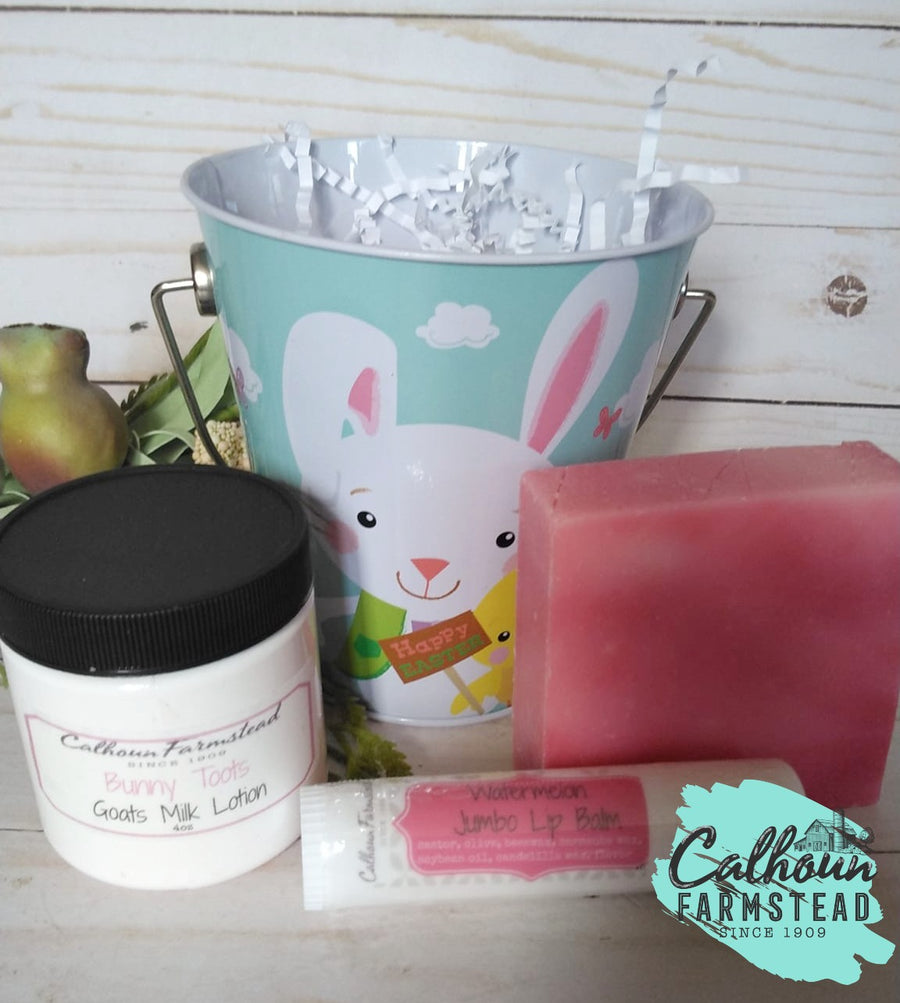 Easter gift pail. Goats milk lotion, soap, lip balm. Easter present, gifts.