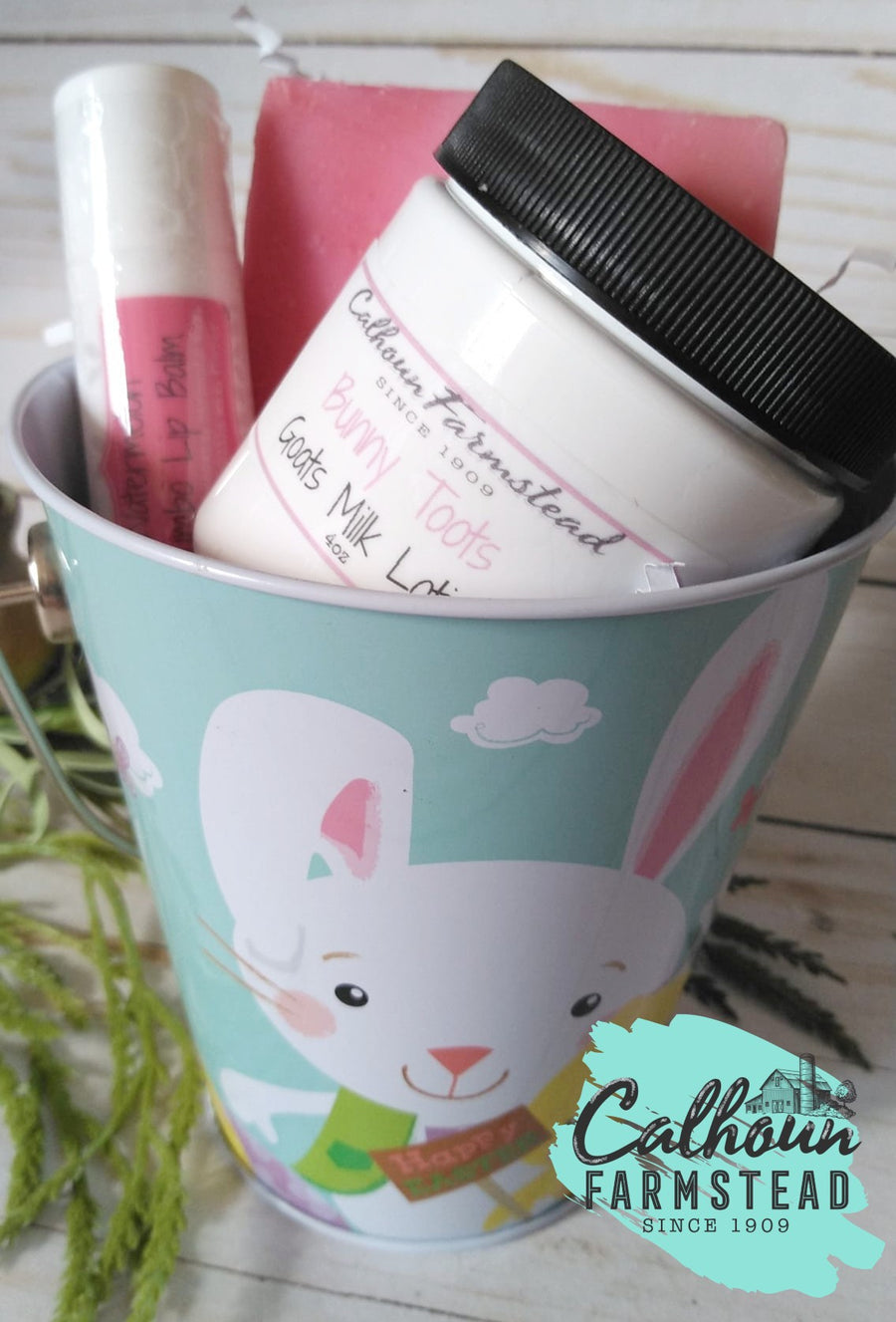 Easter milk pail gift set. Goats milk lotion, soap, lip balms.