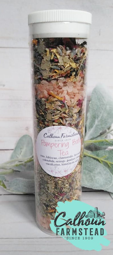tube of bath tea. pampering herbal blend. Dried herbs mixed with pink himalayan sea salt.  Lavender, rose, mint, calendula. Herbal botanical bath soak. Bath tea.