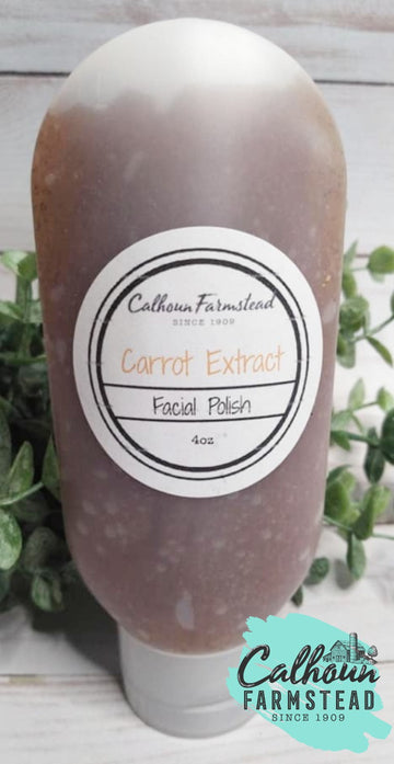 4oz carrot facial polish exfoilation. Removes dry skin and makes glowing skin. Made with carrot seed extract, essential oils, and apricot seeds.