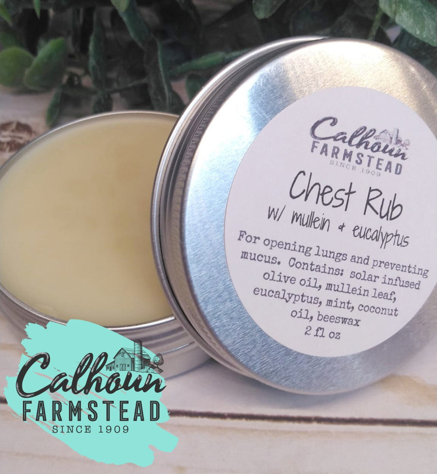 Herbal chest rub tin 2oz. Made with herbs. Mullein and eucalyptus. Mint and eucalyptus essential oils. Rub on chest for opening lungs and preventing mucus during cold and flu season.