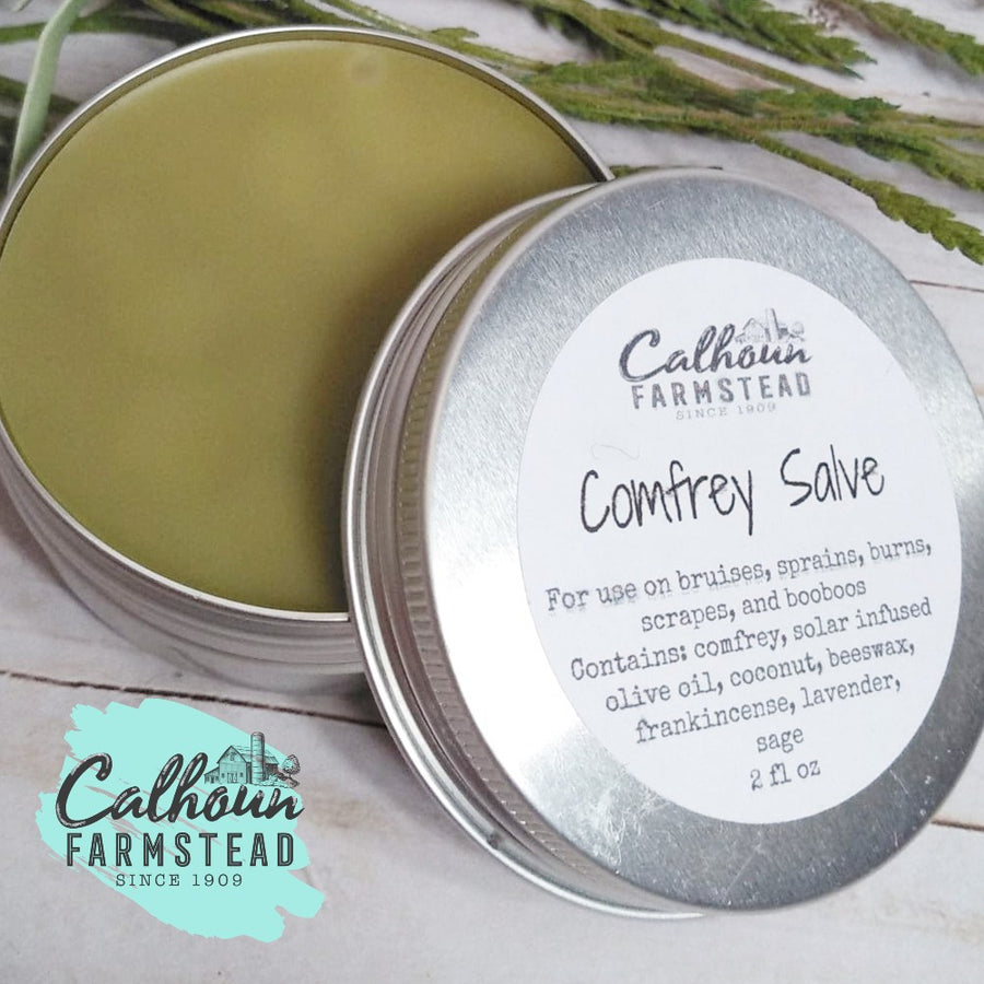 comfrey salve balm tin. made with natural ingredient from Calhoun Farm. Comfrey heals burns, bruises, and skin irritations. Great for healing rashes and eczema.