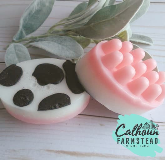 Cow print udder massage soap. Made with goats milk by Calhoun Farm. Scented with Farm Fresh Soap scent. Perfect kids soap, farm themed birthday party or farm themed shower favors.