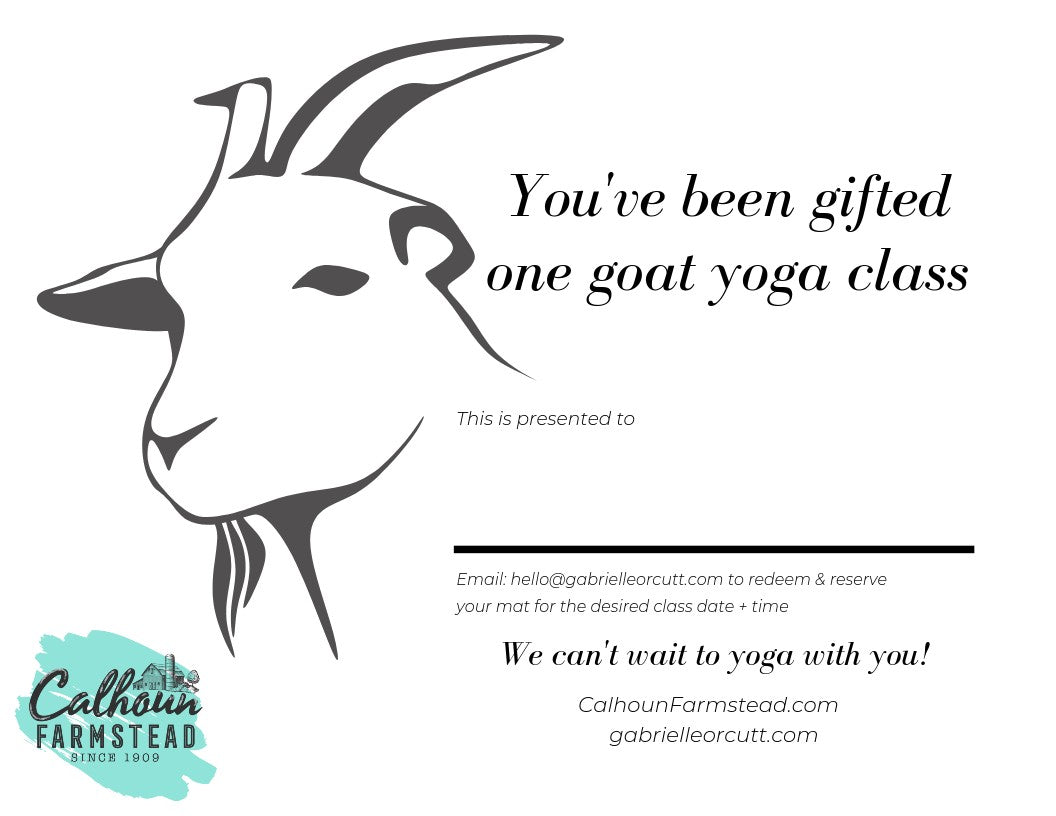 goat yoga gift certificate. Paper certificate can be emailed or mailed via post. Use for any class of Calhoun Farm goat yoga. Calhoun Farm Falls Creek PA.