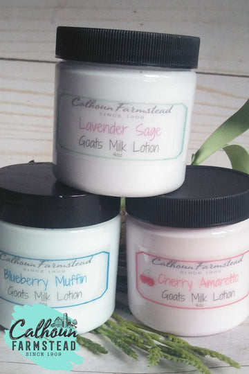 goats milk lotion assorted scents. Made with goats milk and honey with natural ingredients by Calhoun Farm. Perfect for dry skin and problem skin.