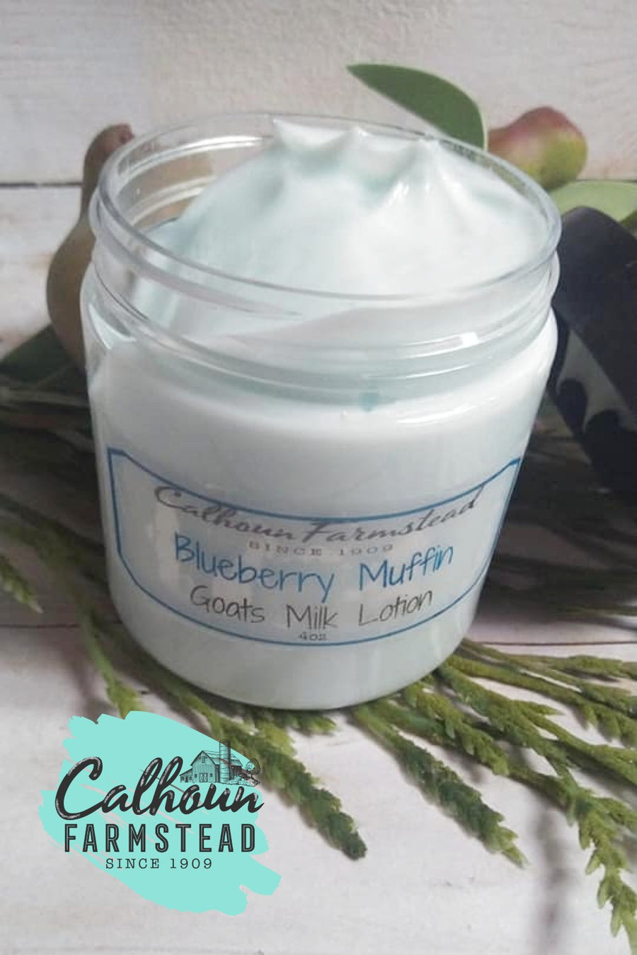 Blueberry muffin scented goats milk lotion. Made by Calhoun Farm with natural ingredients in Falls Creek PA.