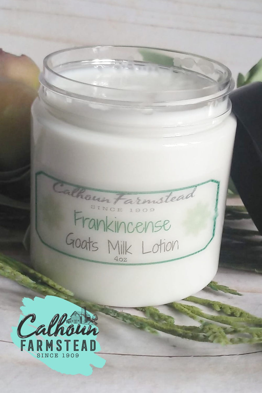 Frankincense goats milk lotion. made with natural ingredients by Calhoun Farm. Scented with essential oils.