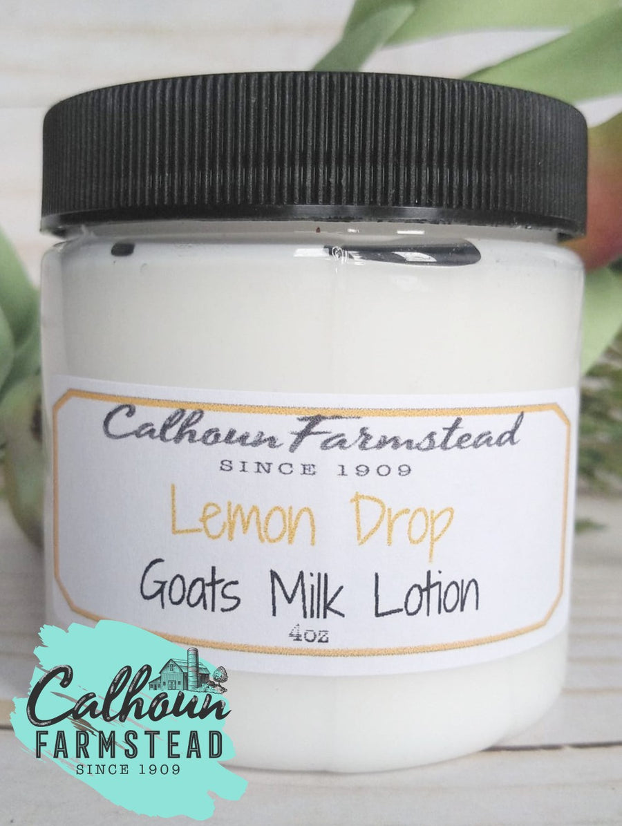 goats milk lotion in lemon drop scent. made of natural ingredients, goats milk and honey by Calhoun Farm.