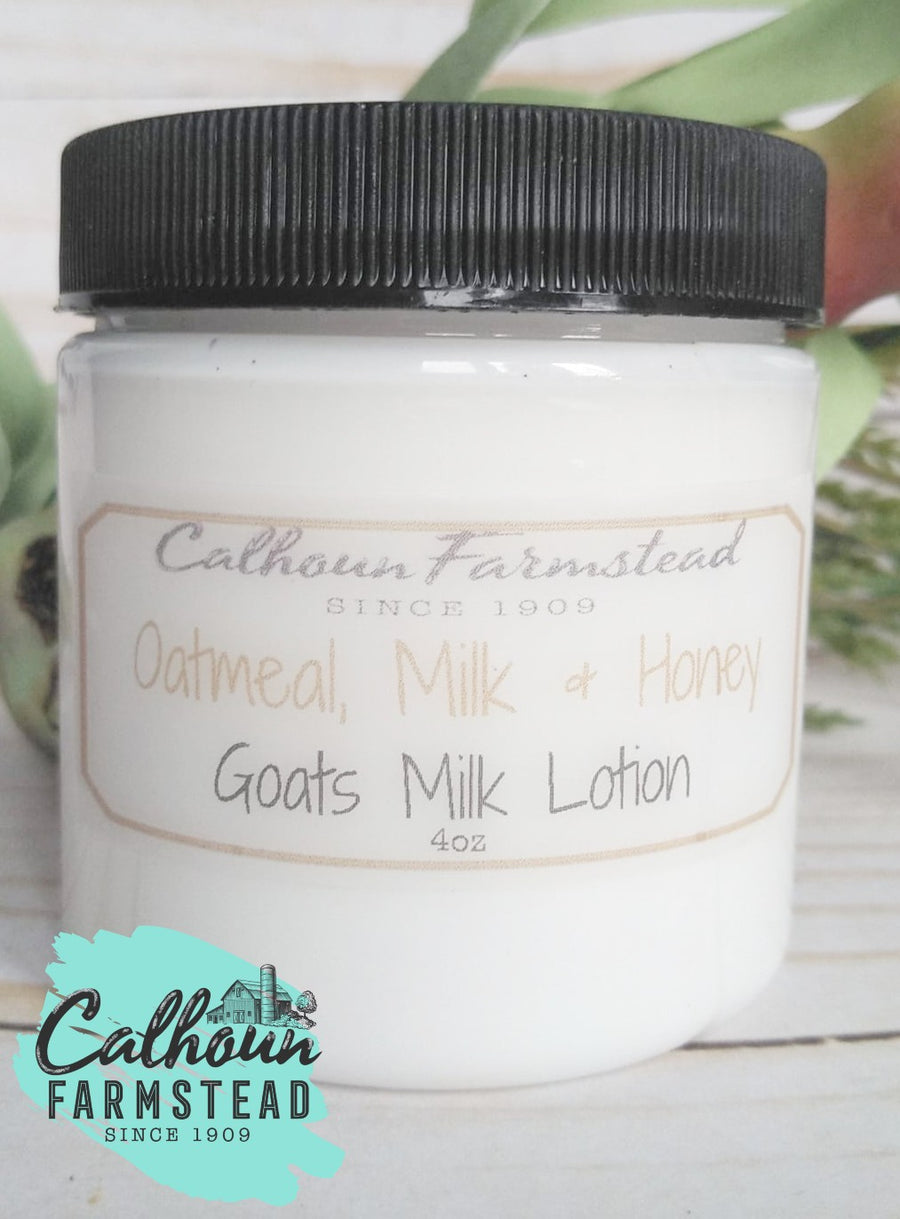soothing oatmeal, milk and honey goats milk lotion. made by Calhoun Farm with fresh goats milk and natural ingredients for sensitive skin.