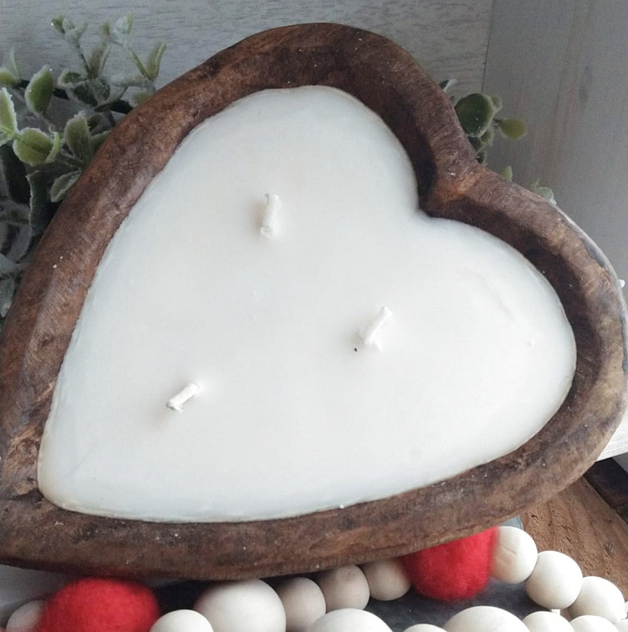 Natural finish dough bowl heart shaped candle. Soy candle with three wicks. Handmade.