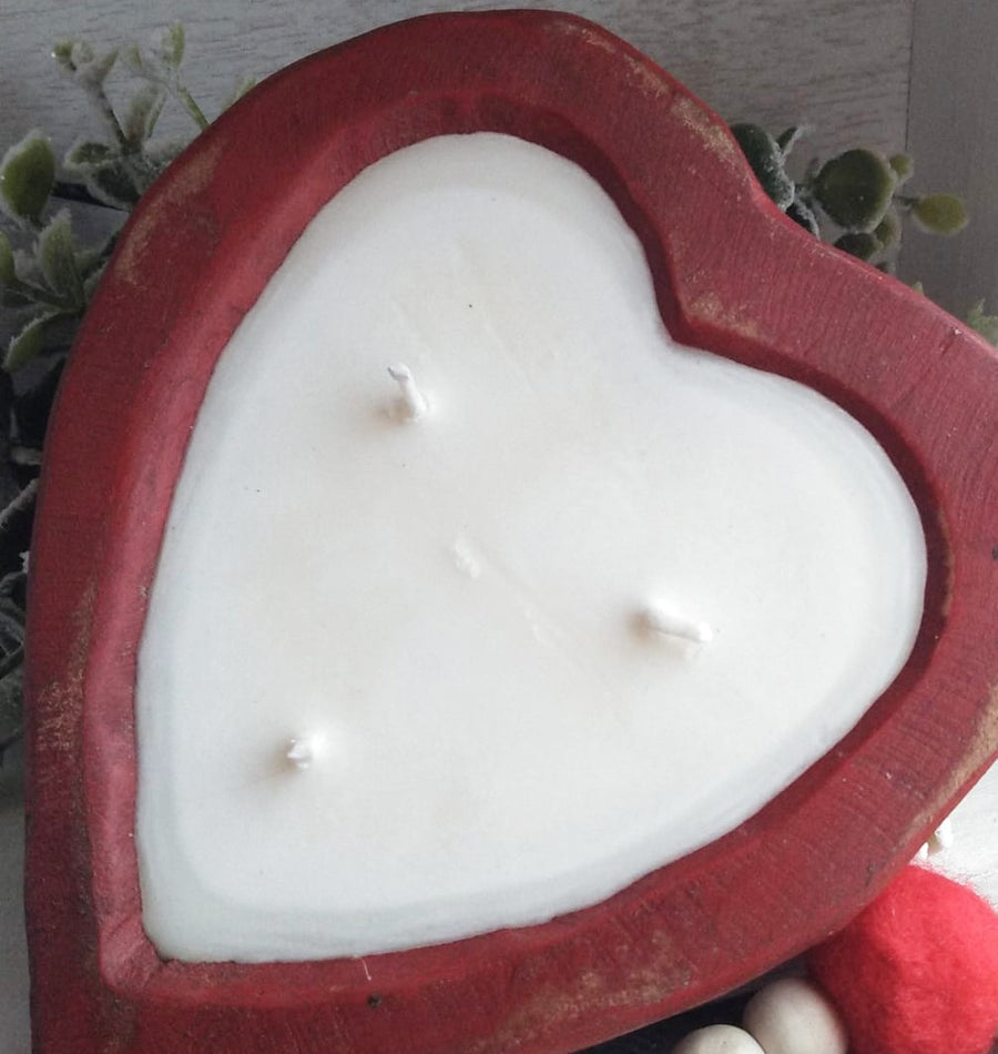 Red wood finish. Dough bowl candle. Heart shaped soy candle with three wicks.