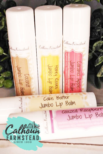 jumbo sized lip balms in assorted flavors. made with natural ingredients by Calhoun Farm. Jumbo, extra large size.