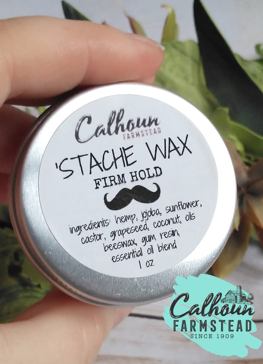 'Stache wax by Calhoun Farm. For mustache styling. Use with beard oil or beard balm. Father's Day gifts for him.