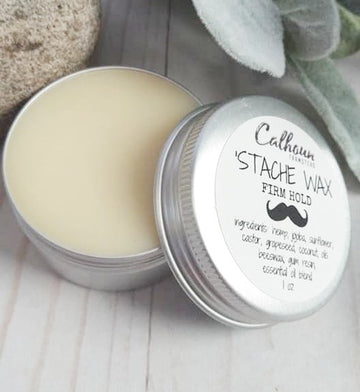 moustache wax for styling facial hair. Beard care products for men. Pairs well with Calhoun Farm beard oil or beard balm. Perfect gifts for Father's day or Birthday gift.